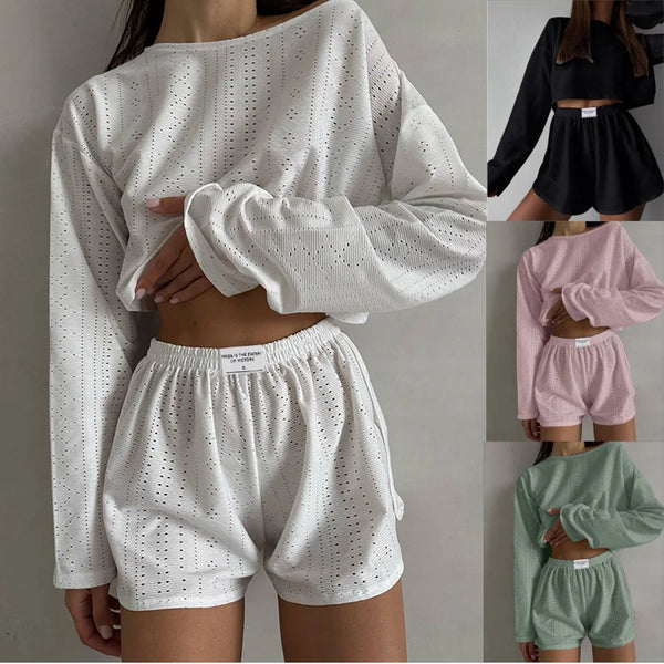 طقم بيجامات نسائي ربيعي بأكمام طويلة وشورت
